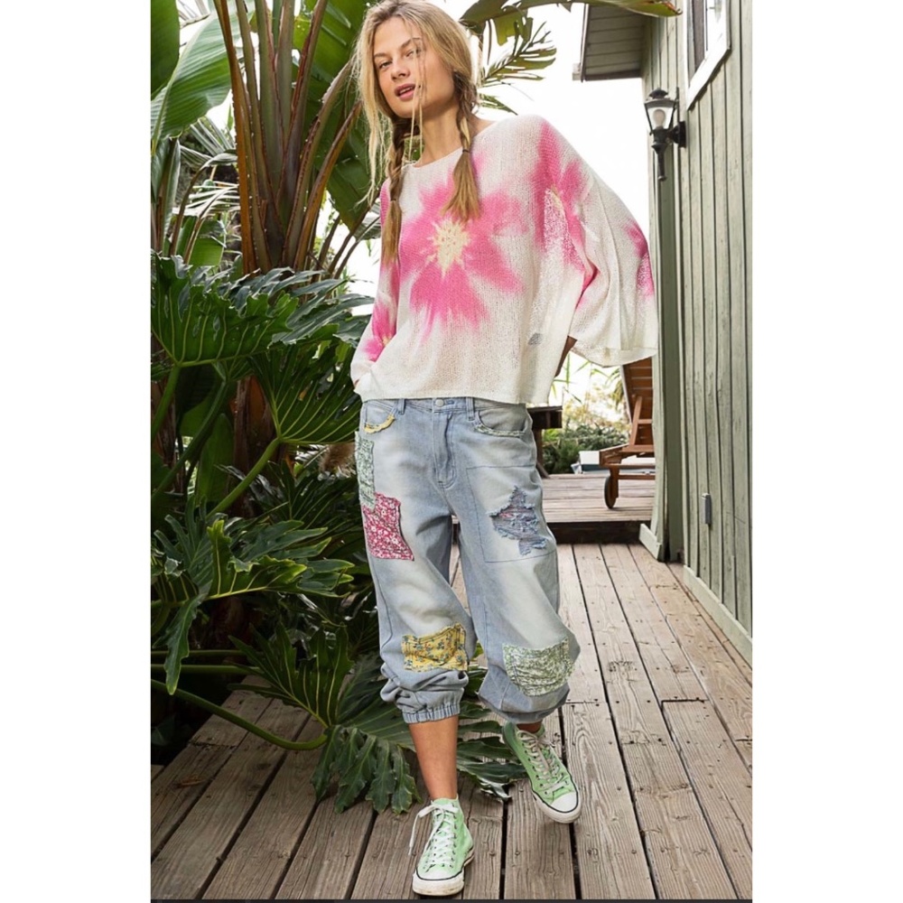 POL Light Wash Patchwork Boyfriend Jogger Jeans Lightweight - Picture 7 of 13